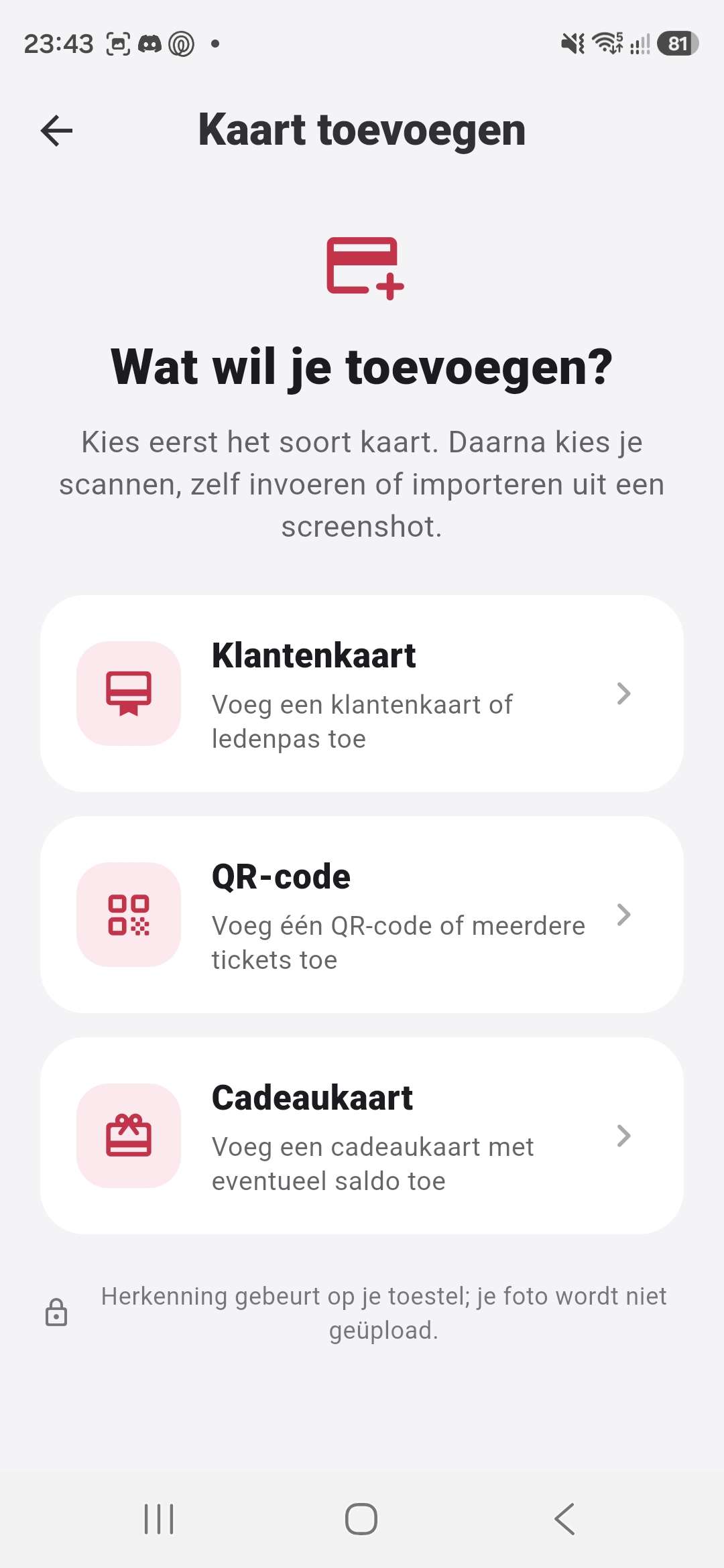 PasKluis-scherm om een klantenkaart, QR-code of cadeaukaart toe te voegen