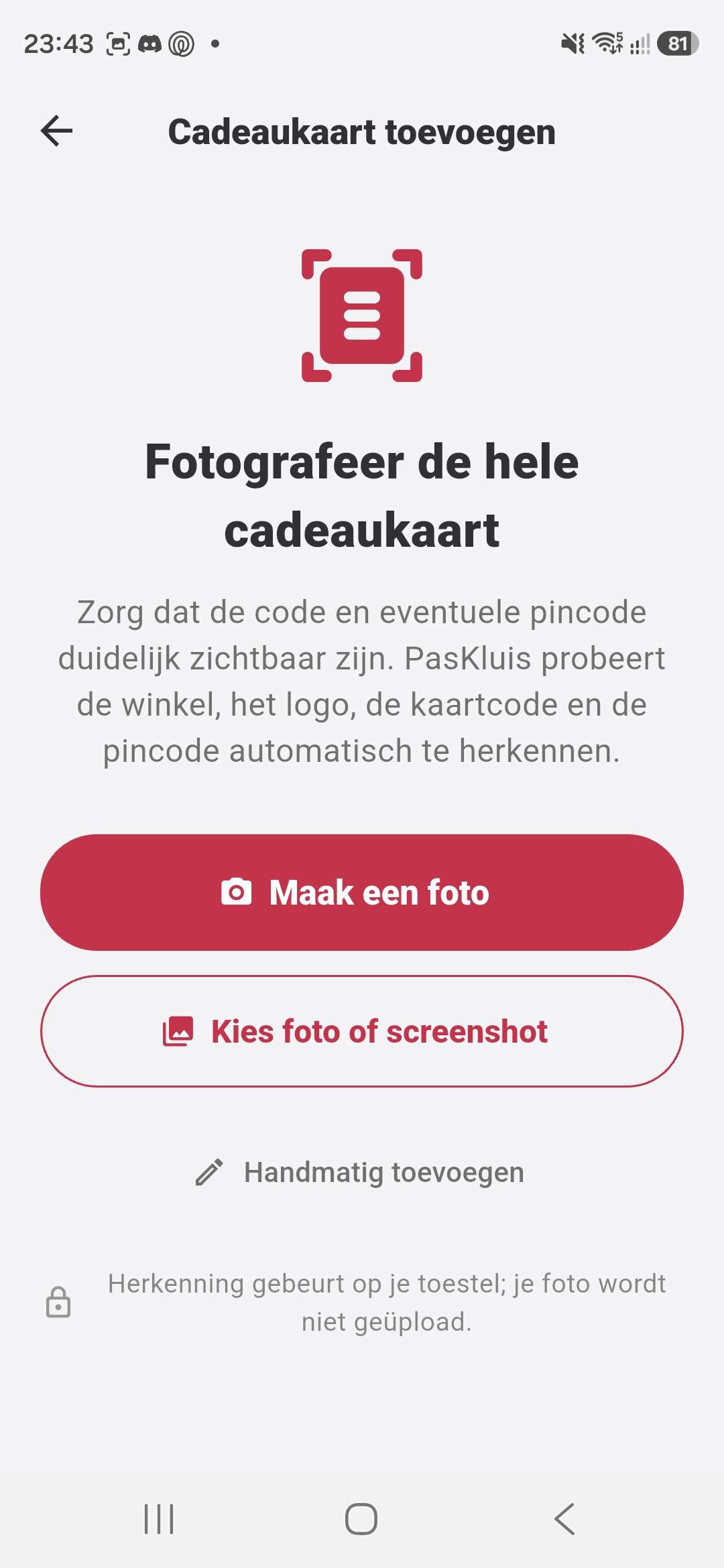 Scherm om een cadeaukaart te fotograferen of uit een screenshot te importeren